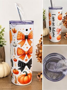 Hand Crafted Fall Bow & Pumpkin Stainless Steel Tumbler - Orange, Black, White